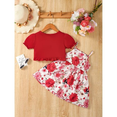 Catpapa 1-6 Years Kid Girl 2PCS Kid Girl Floral Sling Dress With Short Sleeve Overcoat