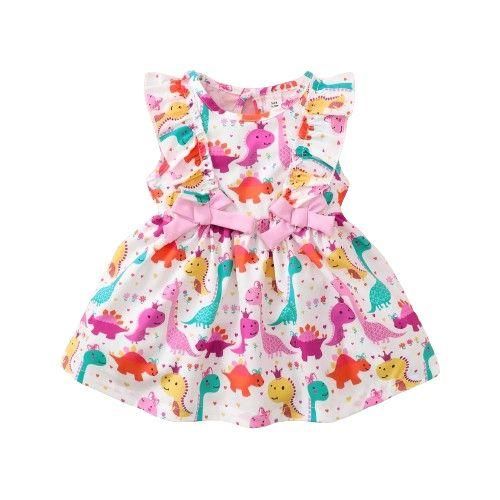 0-3 years baby girl dinosaur print ruffle sleeveless dress