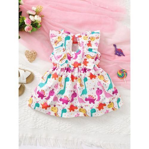 0-3 years baby girl dinosaur print ruffle sleeveless dress