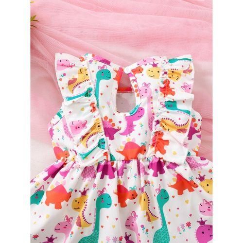 0-3 years baby girl dinosaur print ruffle sleeveless dress