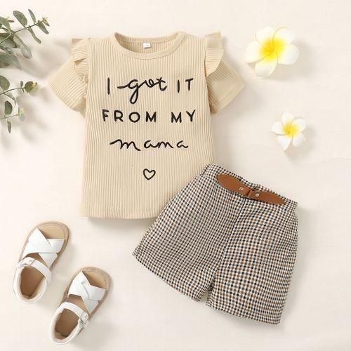 Catpapa 1-6 Years Kid Girl Clothing Set Ruffler Short Sleeves T-shirt Plaid Shorts 2PCS-multicolor