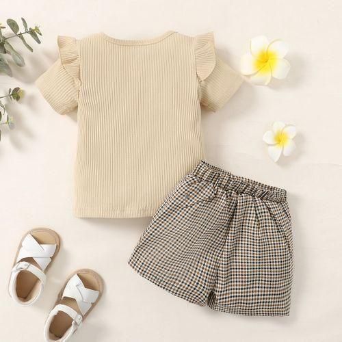 Catpapa 1-6 Years Kid Girl Clothing Set Ruffler Short Sleeves T-shirt Plaid Shorts 2PCS-multicolor