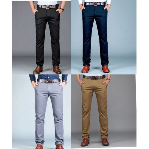4 Pack of Men's Stretcher Khaki Trousers - Black,Navy Blue,Grey & Brown