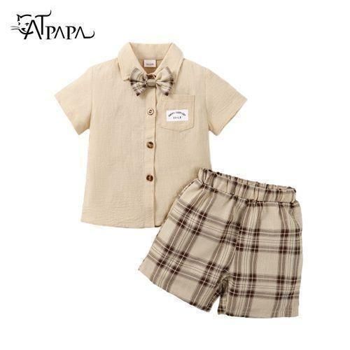 Catpapa 1-6 Years Kid Boy Summer Short Sleeve 2PCS Set Bow Shirt Shorts Academic Style