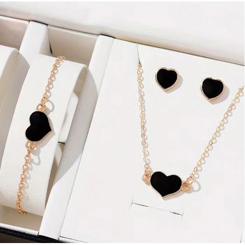 4PCS/Set Heart Pendant Jewelry Set Trendy Chain Necklace Bracelet Earrings Set-black&gold