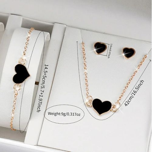 4PCS/Set Heart Pendant Jewelry Set Trendy Chain Necklace Bracelet Earrings Set-black&gold