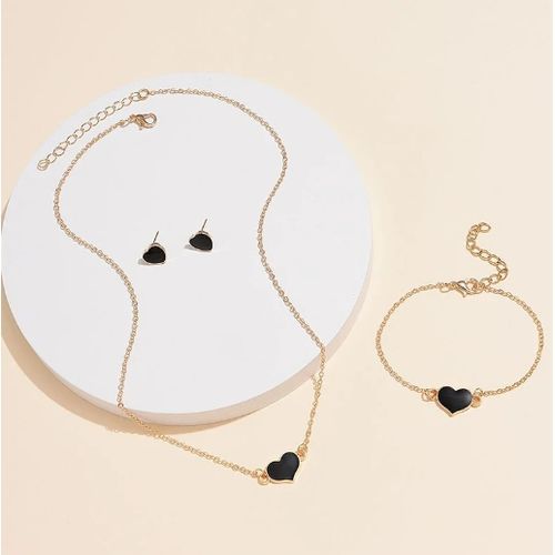 4PCS/Set Heart Pendant Jewelry Set Trendy Chain Necklace Bracelet Earrings Set-black&gold