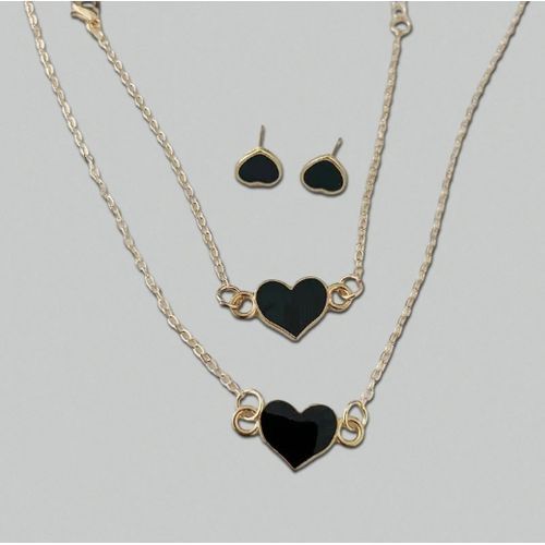 4PCS/Set Heart Pendant Jewelry Set Trendy Chain Necklace Bracelet Earrings Set-black&gold