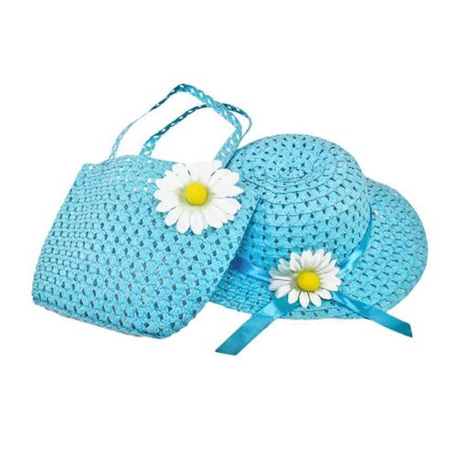 New Simple Fashion Summer Children Sun Flower Straw Hat And Handbag Hollow Girls Sunscreen Beach Cap Straws Weave Bag Set,Blue NO5115