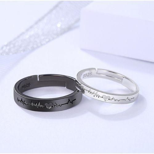A Fashionable Couple's Adjustable Black And White Electrocardiogram Ring