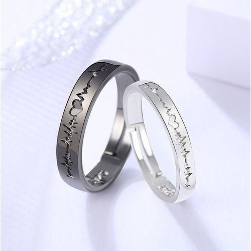 A Fashionable Couple's Adjustable Black And White Electrocardiogram Ring