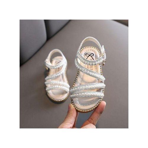 Summer Fashion Girls Sandals Kids Bead Mary Janes Pearl Toddler Girl Princess Shoes Open Toe Flats Child Party Wedding Sandals Beige