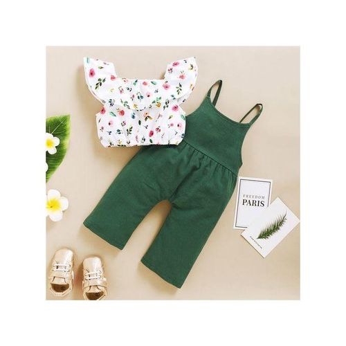Kids Girls Outfit Set INS Fashion Floral Tank Tops + Bib Pants -Green