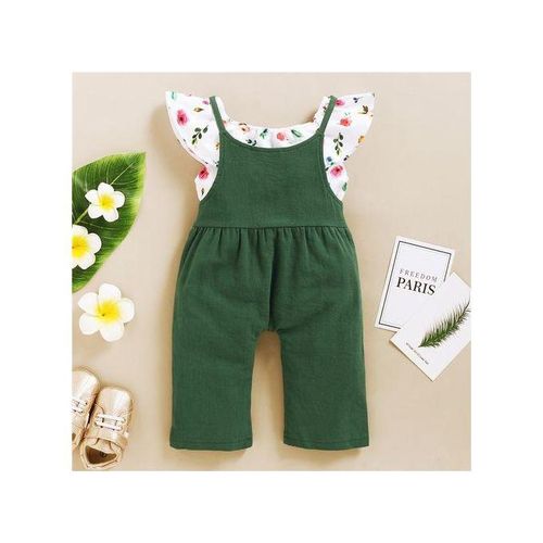 Kids Girls Outfit Set INS Fashion Floral Tank Tops + Bib Pants -Green