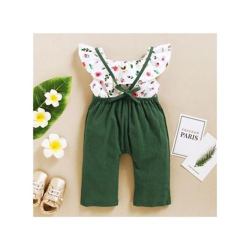 Kids Girls Outfit Set INS Fashion Floral Tank Tops + Bib Pants -Green