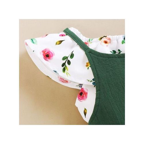 Kids Girls Outfit Set INS Fashion Floral Tank Tops + Bib Pants -Green