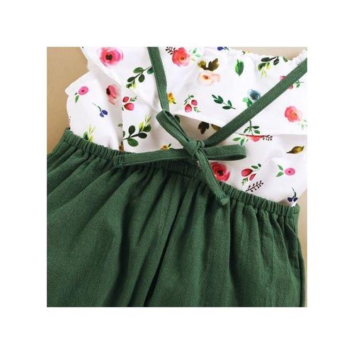 Kids Girls Outfit Set INS Fashion Floral Tank Tops + Bib Pants -Green