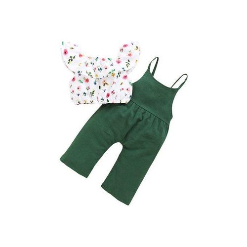 Kids Girls Outfit Set INS Fashion Floral Tank Tops + Bib Pants -Green
