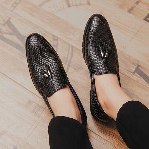Men's Italian Loafer Oxford Bright Plaid Fringed Leather Shoes Business Black