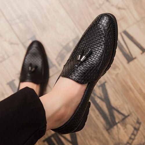 Men's Italian Loafer Oxford Bright Plaid Fringed Leather Shoes Business Black