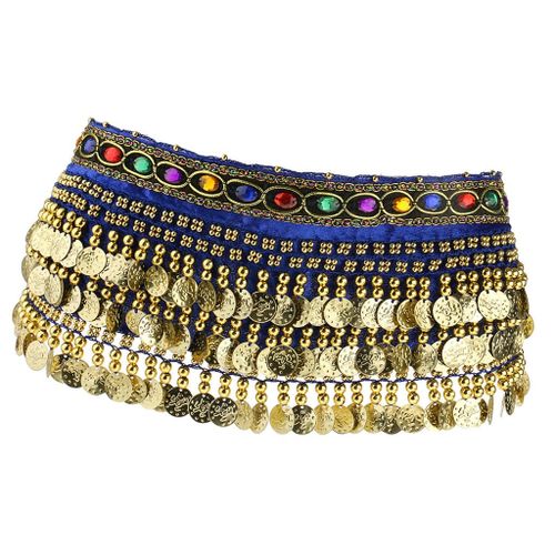 Ladies Belly Dance Wrap Tassel Belt Coin Shape Scarf Blue