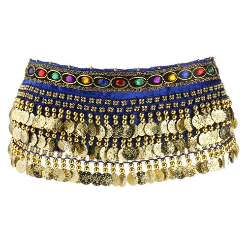 Ladies Belly Dance Wrap Tassel Belt Coin Shape Scarf Blue