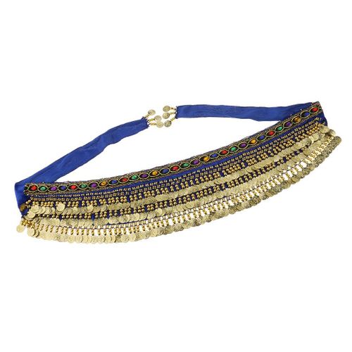 Ladies Belly Dance Wrap Tassel Belt Coin Shape Scarf Blue