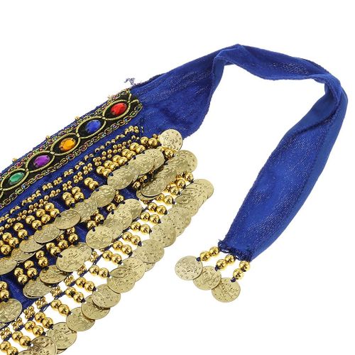 Ladies Belly Dance Wrap Tassel Belt Coin Shape Scarf Blue