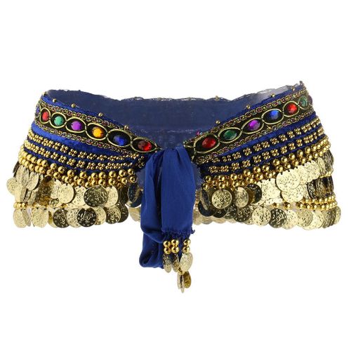 Ladies Belly Dance Wrap Tassel Belt Coin Shape Scarf Blue