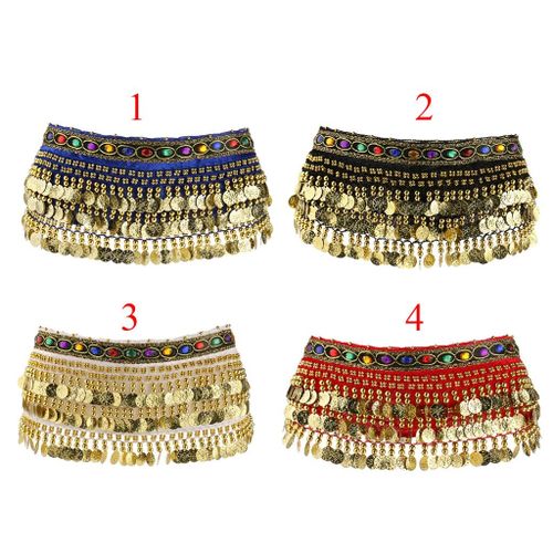 Ladies Belly Dance Wrap Tassel Belt Coin Shape Scarf Blue