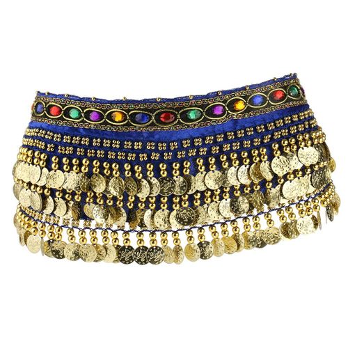 Ladies Belly Dance Wrap Tassel Belt Coin Shape Scarf Blue