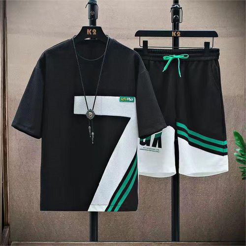 2pcs Men's Fashion Printed T-Shirt+Shorts Set, Tracksuit Set - Black