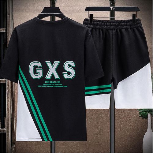 2pcs Men's Fashion Printed T-Shirt+Shorts Set, Tracksuit Set - Black