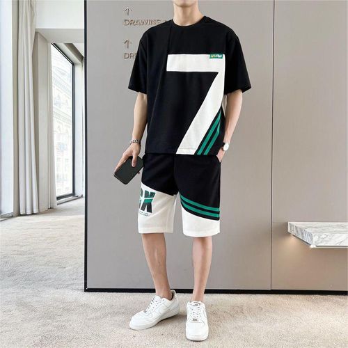 2pcs Men's Fashion Printed T-Shirt+Shorts Set, Tracksuit Set - Black