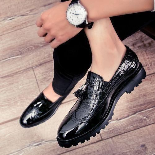 Male Formal Glossy Tassel Brogue Shoes Loafers & Slip-ons Black