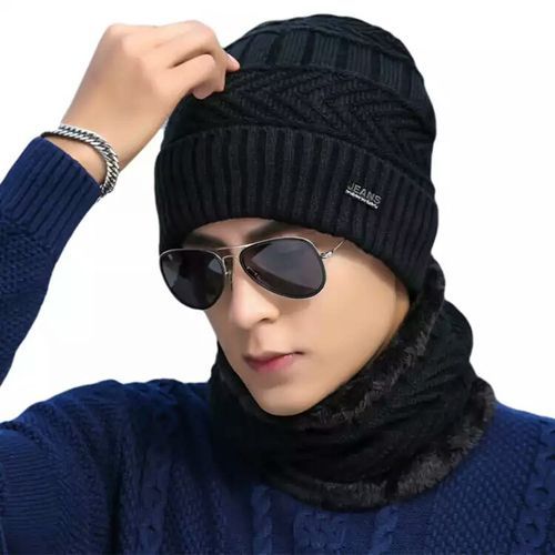 Men Winter Hat Scarf Set Male  Fleece Knitted Cap With Neck Warmer Balaclava Skullcap