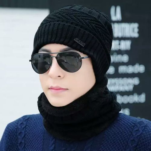 Men Winter Hat Scarf Set Male  Fleece Knitted Cap With Neck Warmer Balaclava Skullcap