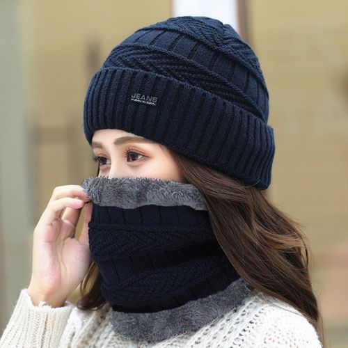 Men Winter Hat Scarf Set Male  Fleece Knitted Cap With Neck Warmer Balaclava Skullcap