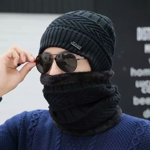 Men Winter Hat Scarf Set Male  Fleece Knitted Cap With Neck Warmer Balaclava Skullcap