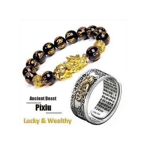 Feng Shui Pixiu Obsidian Stone Wealth Bracelet Ring Set