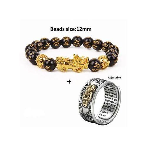 Feng Shui Pixiu Obsidian Stone Wealth Bracelet Ring Set