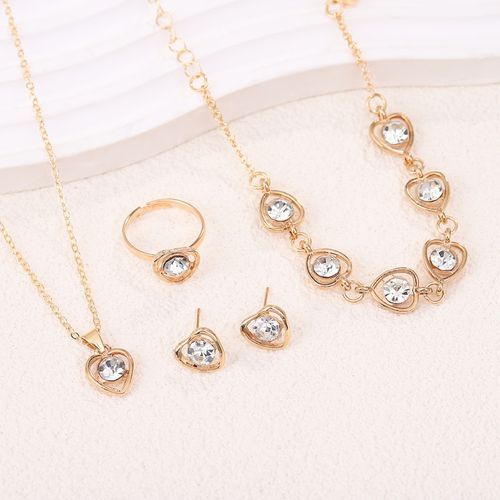 5pcs/Set Peach Heart Necklace Earrings Rings Bracelets Temperament Jewelry