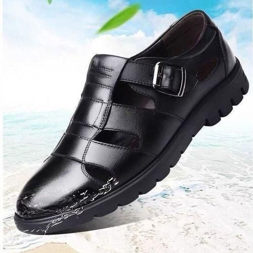 Men's Sandals PU Leather Comfortable Soft Sole Casual Open Slippers Shoes Black