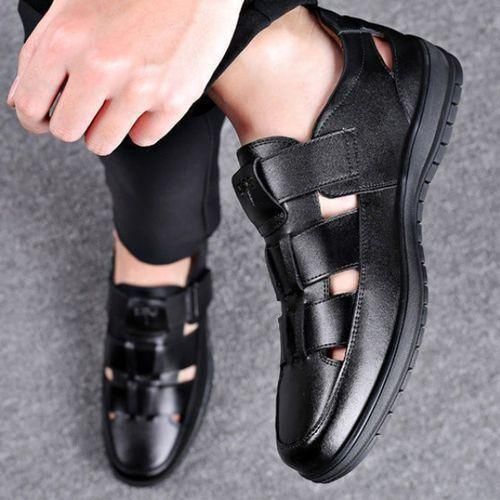 Men's Sandals PU Leather Comfortable Soft Sole Casual Open Slippers Shoes Black