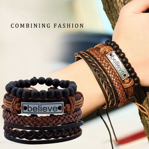 4 In 1 Leather Retro Braided Adjustable Hand Bracelet