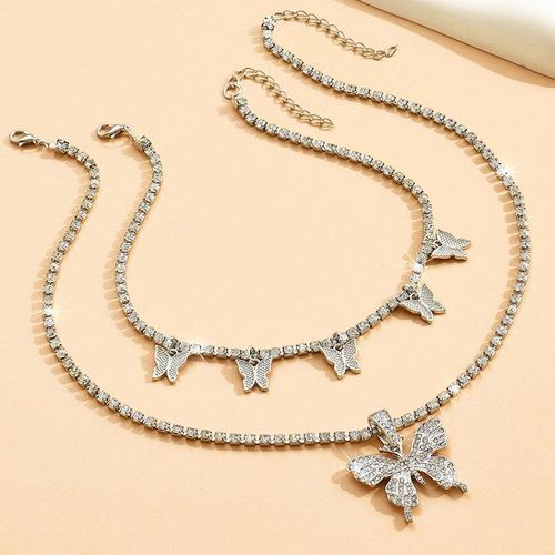 Temperament Rhinestone Butterfly Necklace - Silver
