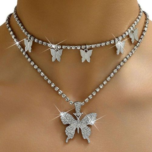 Temperament Rhinestone Butterfly Necklace - Silver