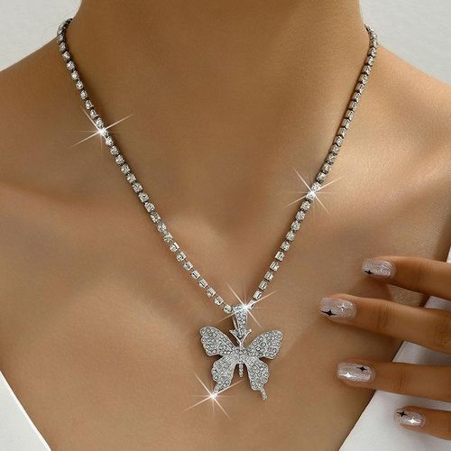 Temperament Rhinestone Butterfly Necklace - Silver