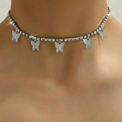 Temperament Rhinestone Butterfly Necklace - Silver