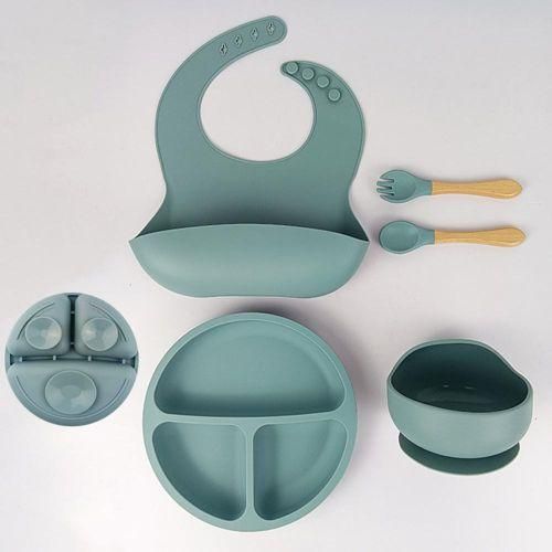 5pcs Silicone Baby Feeding Set with Suction Bowl Divided Plate Bib Spoon  Fork Baby Utensils Dishes Set NO5242